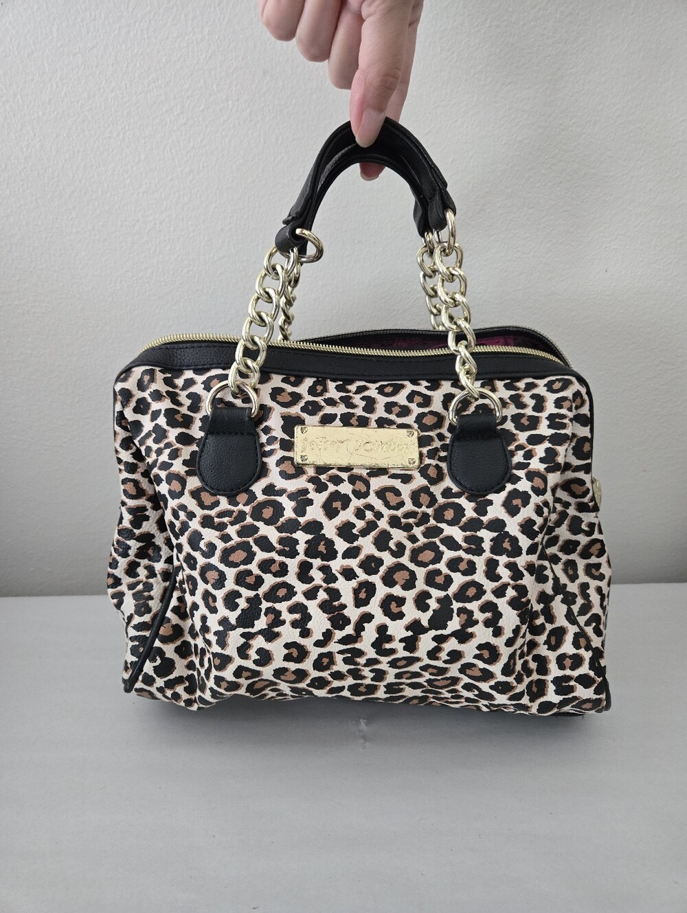 Betsey Johnson Leopard Print Satchel Black Trim Gold Tone Metal Chains